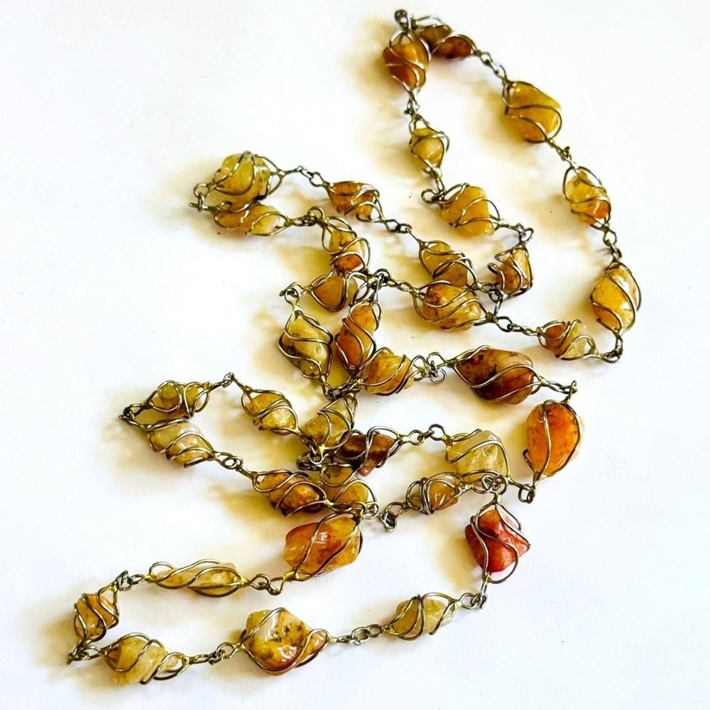 VTG Yellow Citrine stone‎ Wire Wrapped Gemstone Necklace gold tone Boho Jewelry